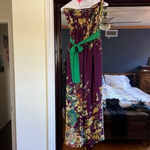 Women’s long purple floral dress w/green sash worn once. size medium.forever 21